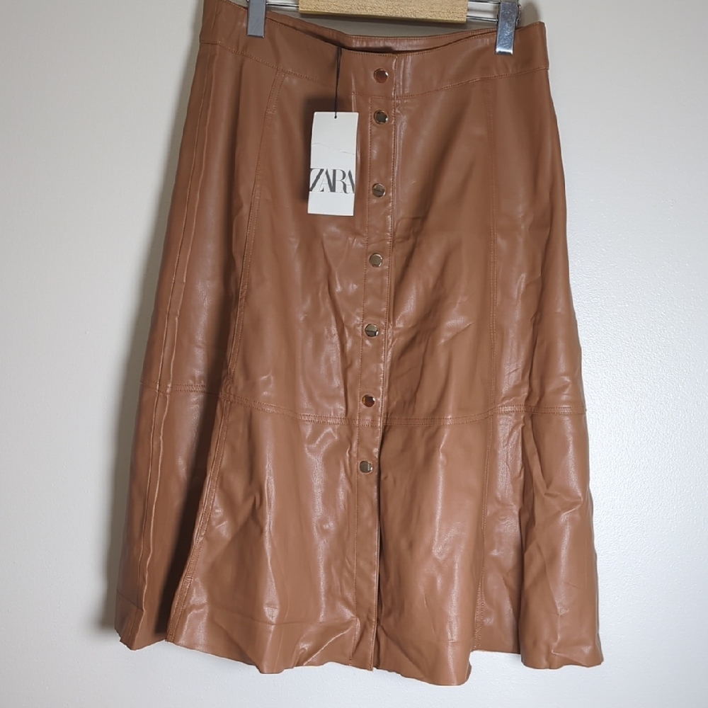 Zara Women's Brown A-Line Faux Leather Skirt